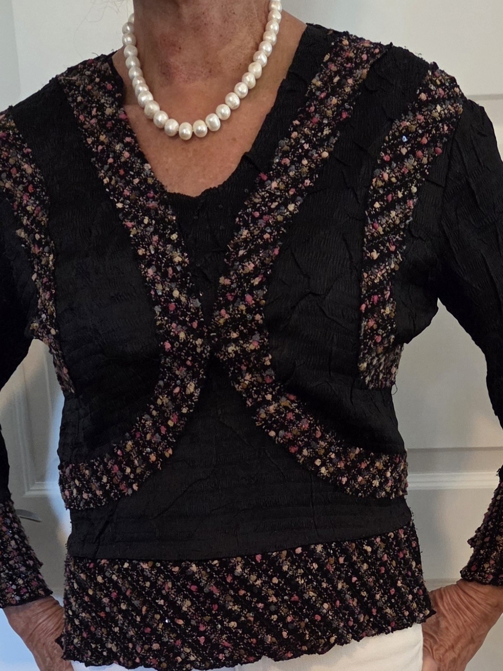 Black Floral-Trim Women's Blouse